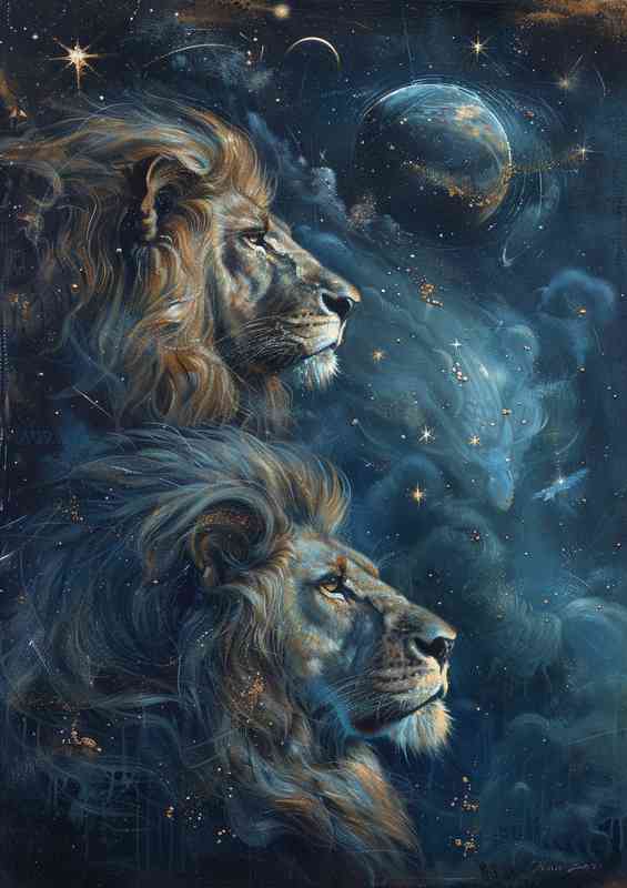 Two Lions with stars and planets