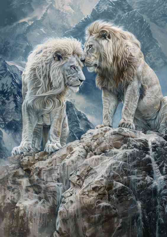 Two lions facing each other on a rocky mountaintop