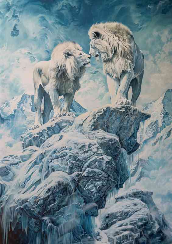 Two lions facing on a mountaintop