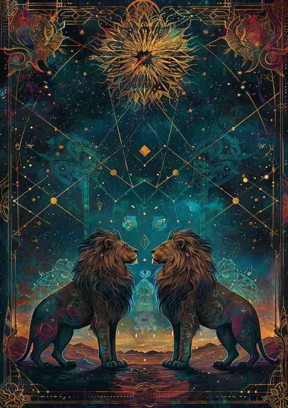 Two lions standing in front of a starry sky