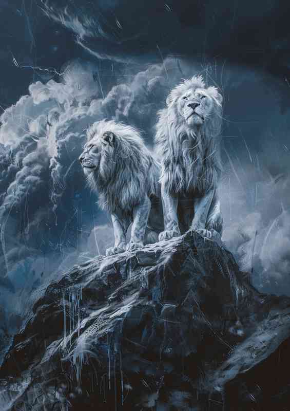 Two white lions standing on a rock