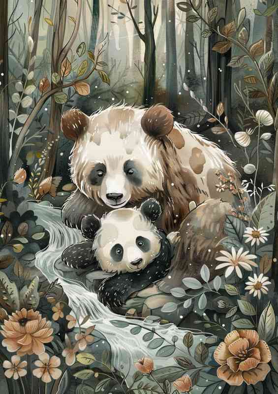 Watercolour panda and mum in the woods