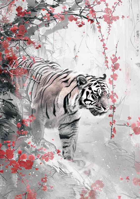 White Tiger surrounded by blossom trees