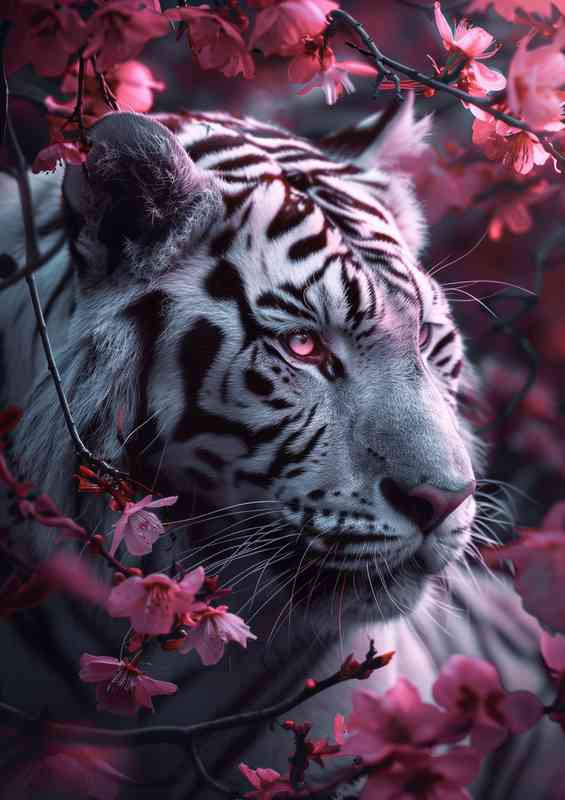 White tiger with pink flowers