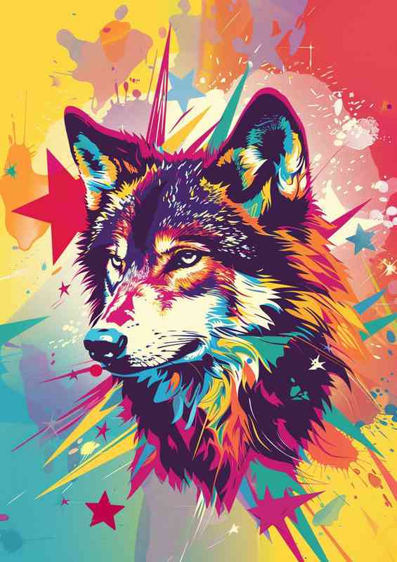 Wolf head with colorful stars