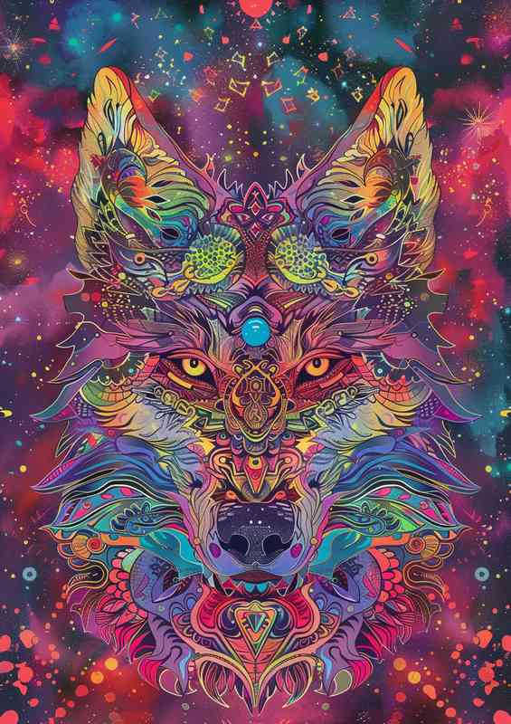 Wolf head with colourful stars