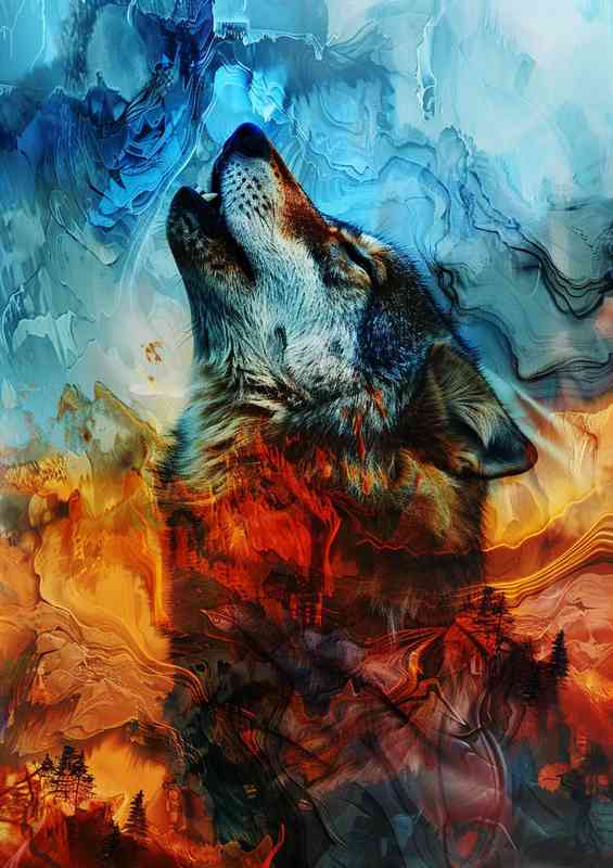 Wolf howling orange and blue tones