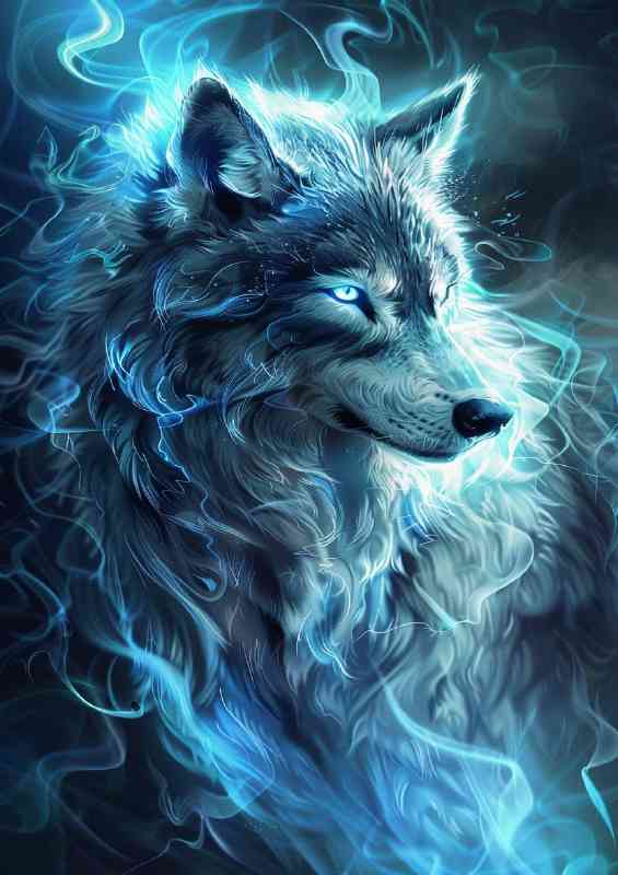 Wolf white glowing eyes blue and silver fur