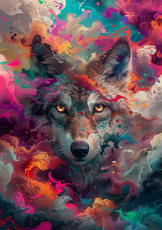 Wolf with big eyes and colourful clouds
