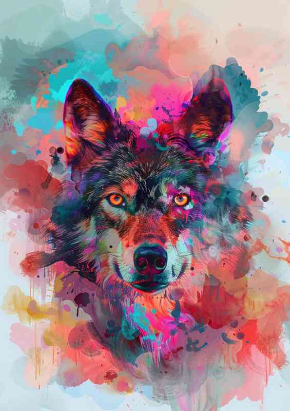 Wolf with big eyes clouds colourful