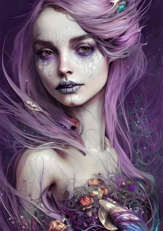 Purple Hair Mermaid Skeleton Beauty