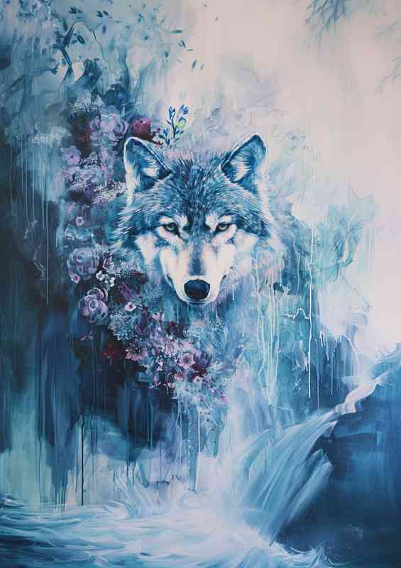 Wolf with flowers in a waterfall