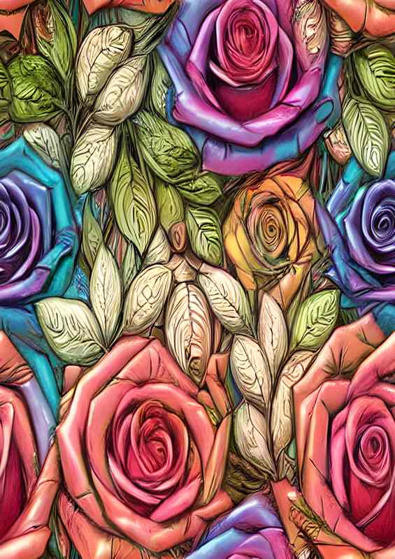 Rainbow Roses And Leaves