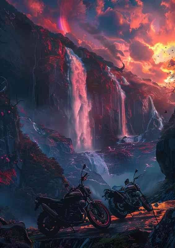 Two motorcycles in front of a waterfall