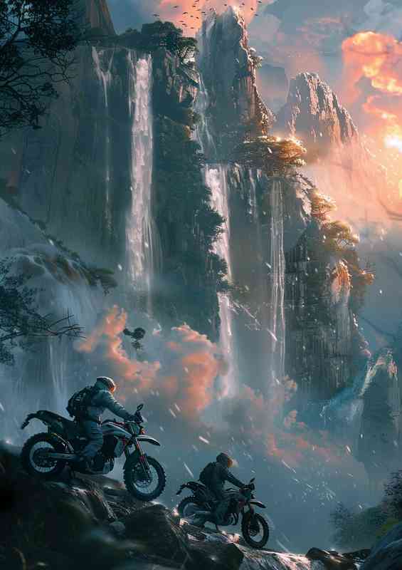 Two motorcycles riding by the waterfall