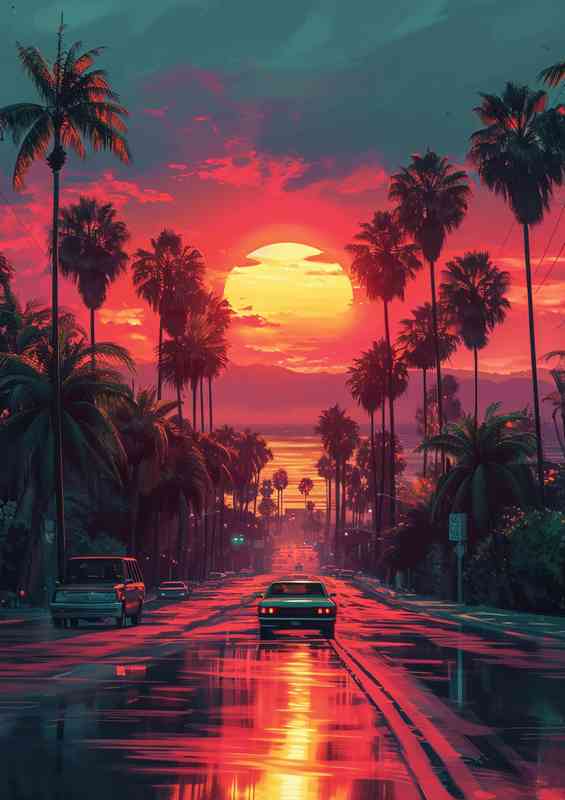 Car drives down road amidst palm trees and at sunset