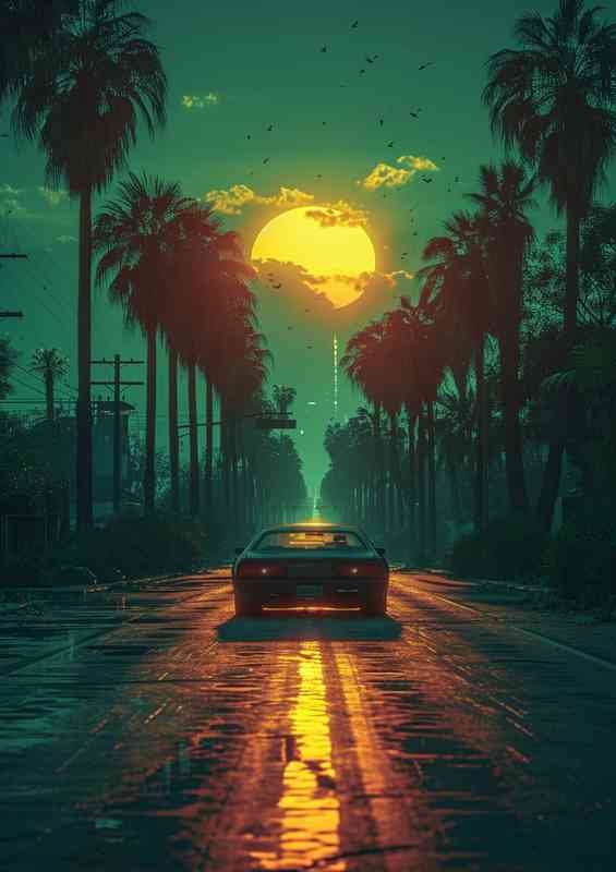Car drives down the road at sunset