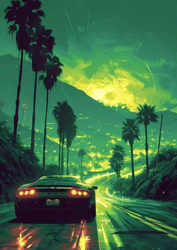 Car driving on the road in the green valley
