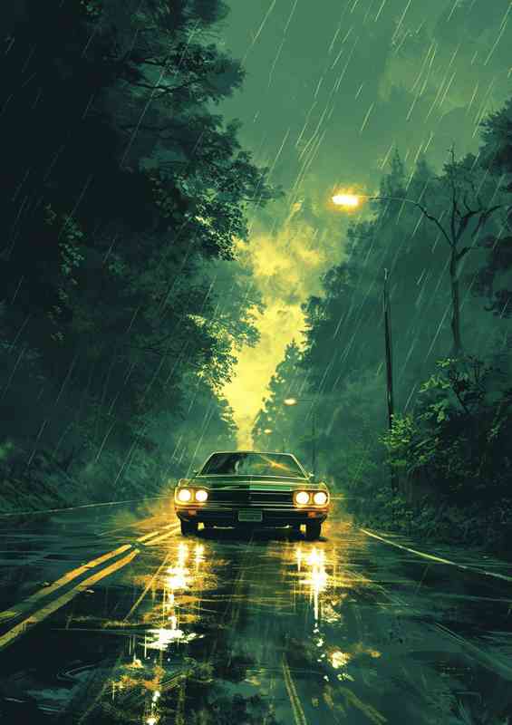 Car driving on the road in the rain