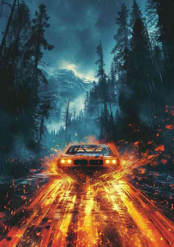 Car driving through the red flames in a forest