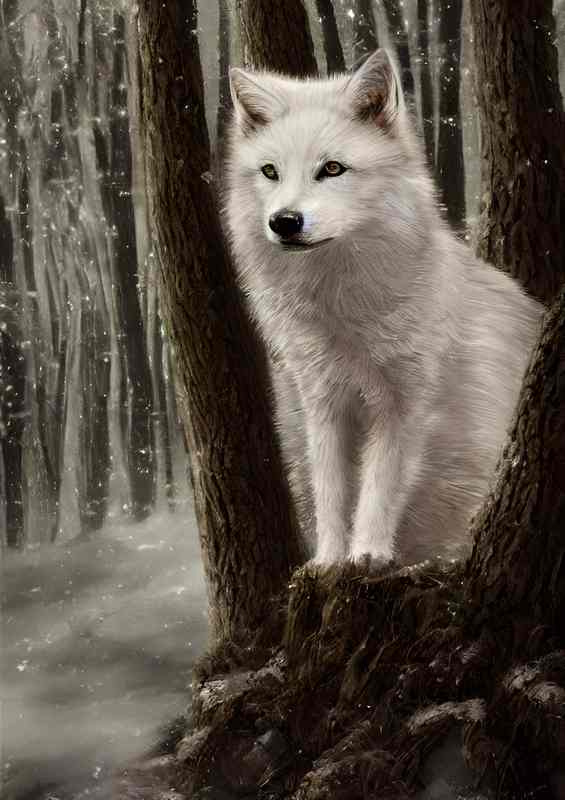 Tiny White Wolf On A Tree