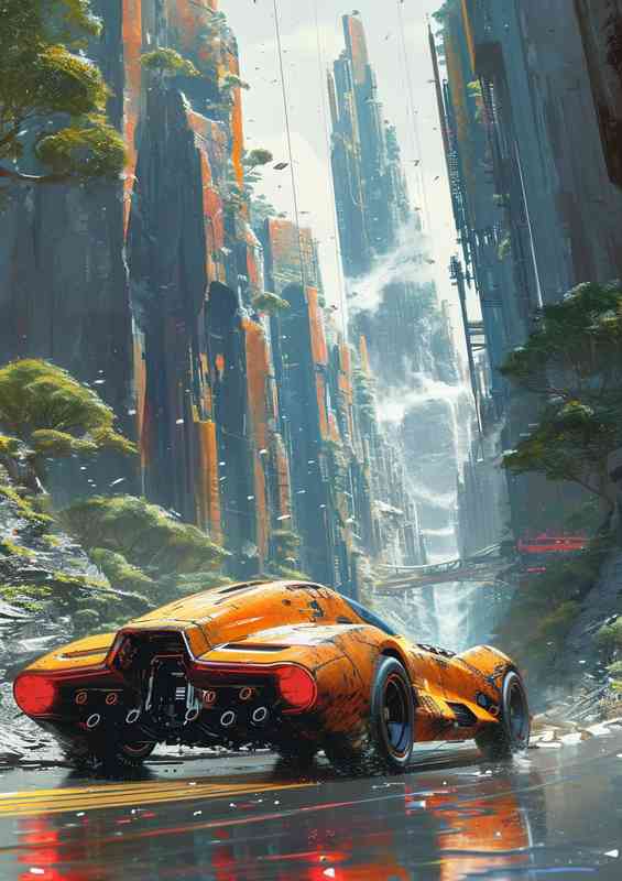 Futuristic car driving down the road in orange