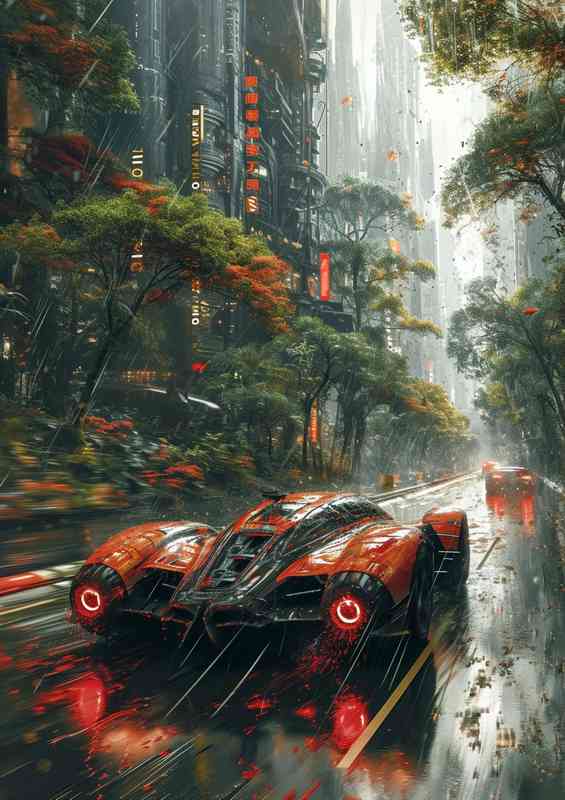 Futuristic car driving through the rain