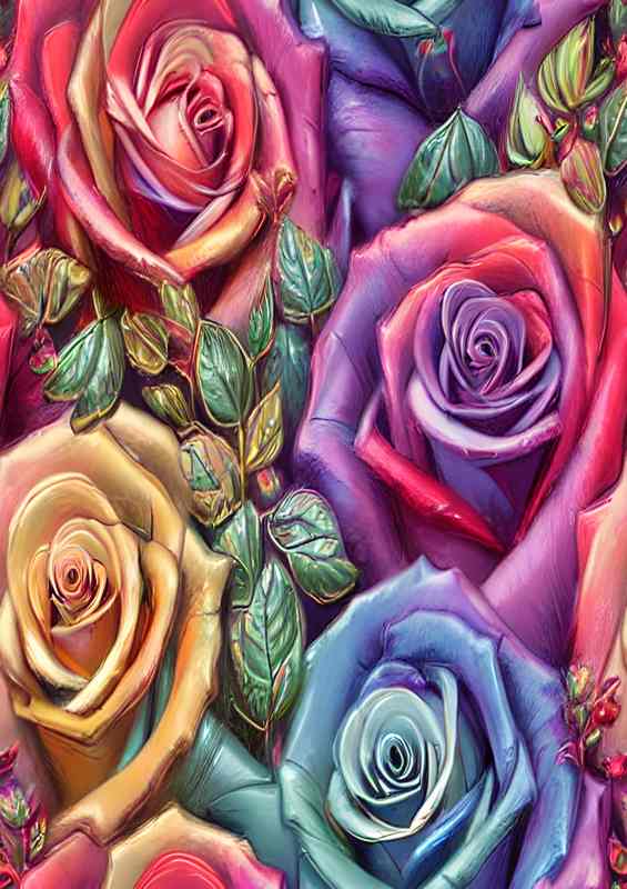 Vintage Rainbow Roses And Leaves