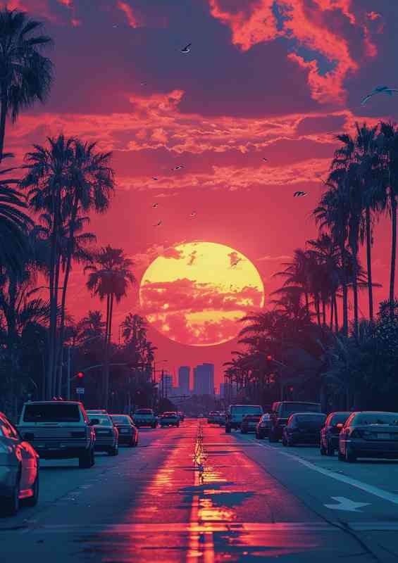 Orange sunset driving down the strip