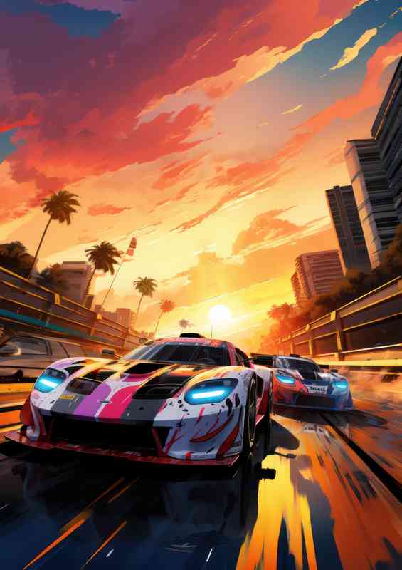 Pink and black racing cars at sunset