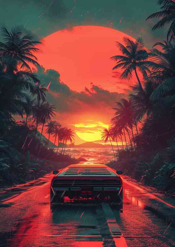 Red sunset car driving down the road
