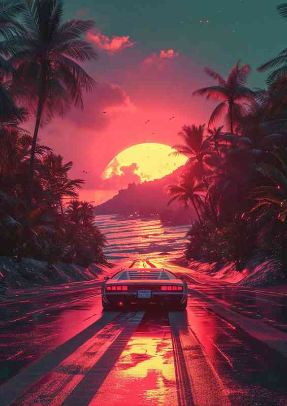 Sunset car driving down the road