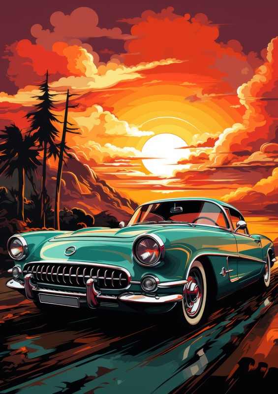 The Green painted cadilac with sunset