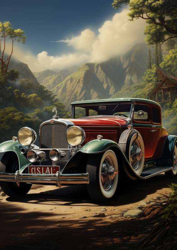 Vintage car driving through the open road