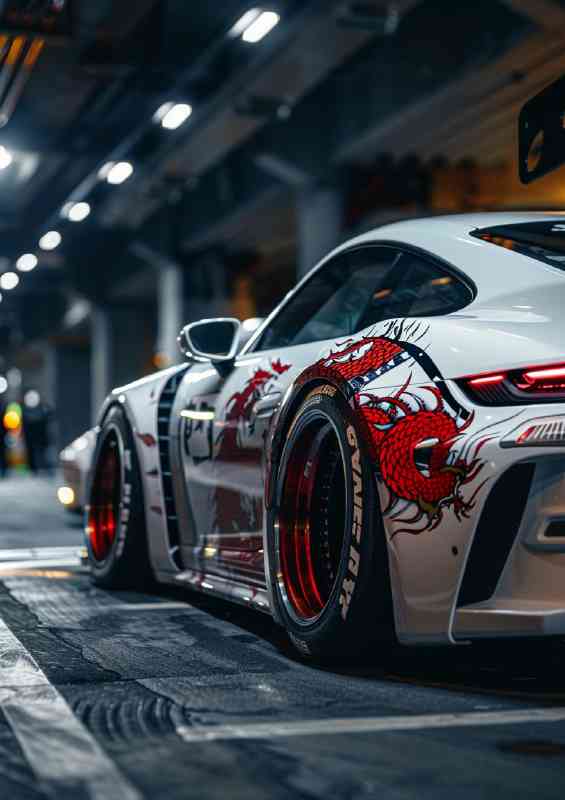 White Porsche widebody Japanese dragons