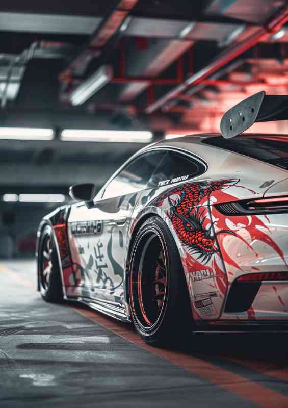 White Porsche widebody with Japanese style