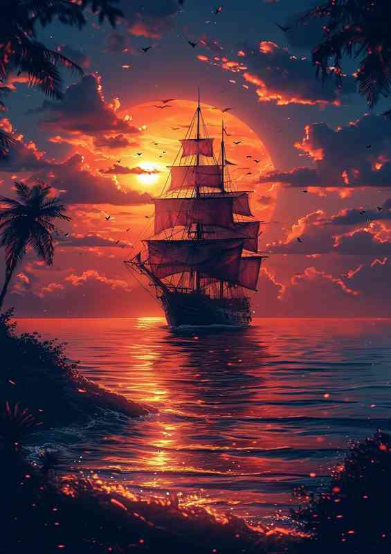 Orange sunset with a docked pirate ship