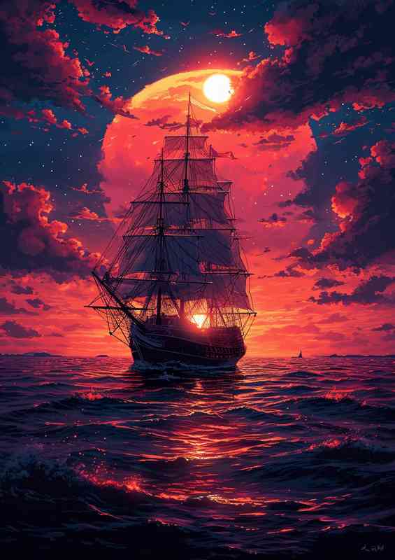 Red Sunset and sailing ship