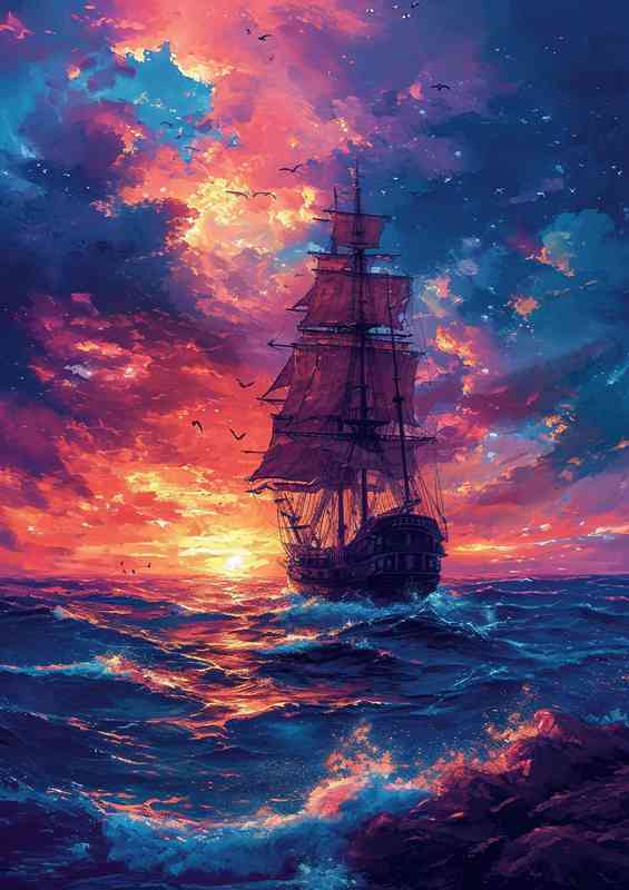 Seascape with a pirate ship at dusk