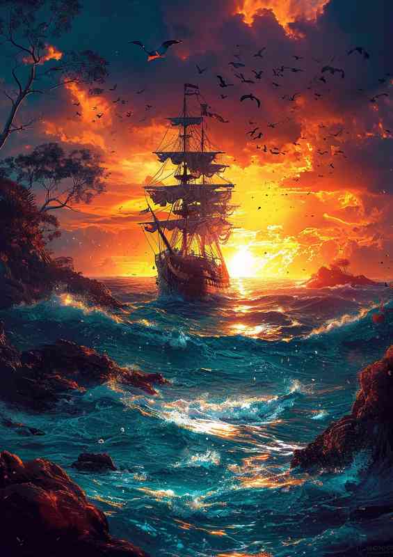 Seascape with a pirate ship in the ocean