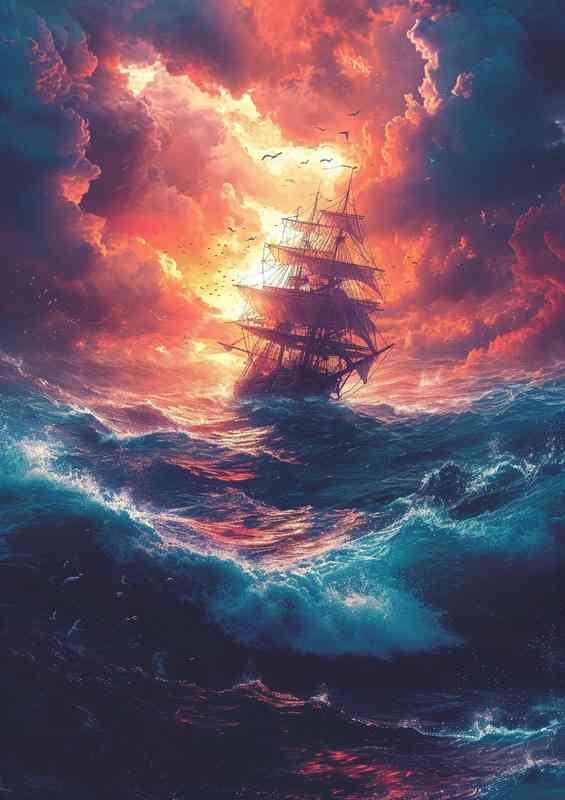 Seascape with rough sea and a pirate ship