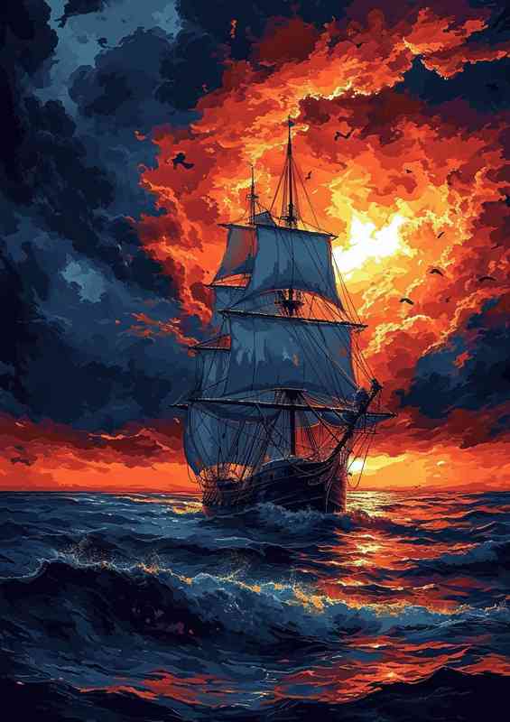 Sunset with a ship on the rough sea