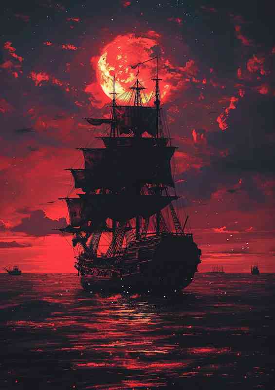 The pirate ship under the red moonlit sky