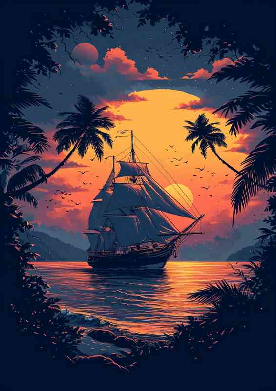 Yellow setting sun and a sailing ship