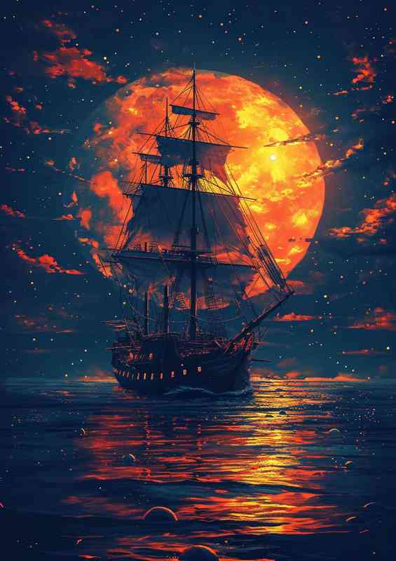 pirate ship under the orange moonlit sky