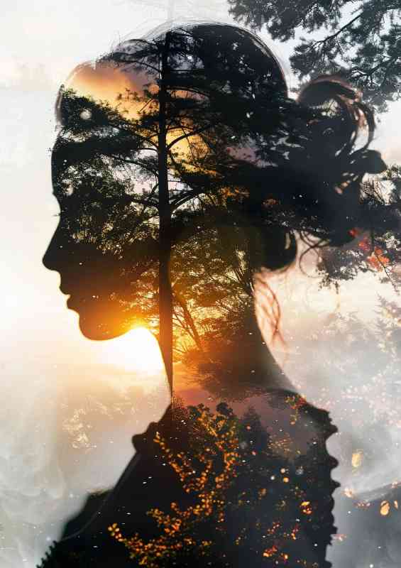 Lady silhouette with sunrise and trees
