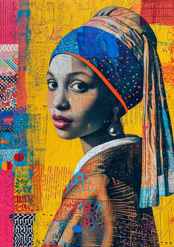 Colorful painting of a woman with a pearl earring mixed art