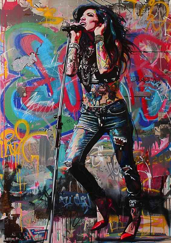 Amy Winehouse singing in a graffiti style art