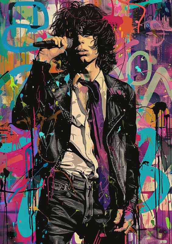 Jim Morrison illustrated in the style of graffiti