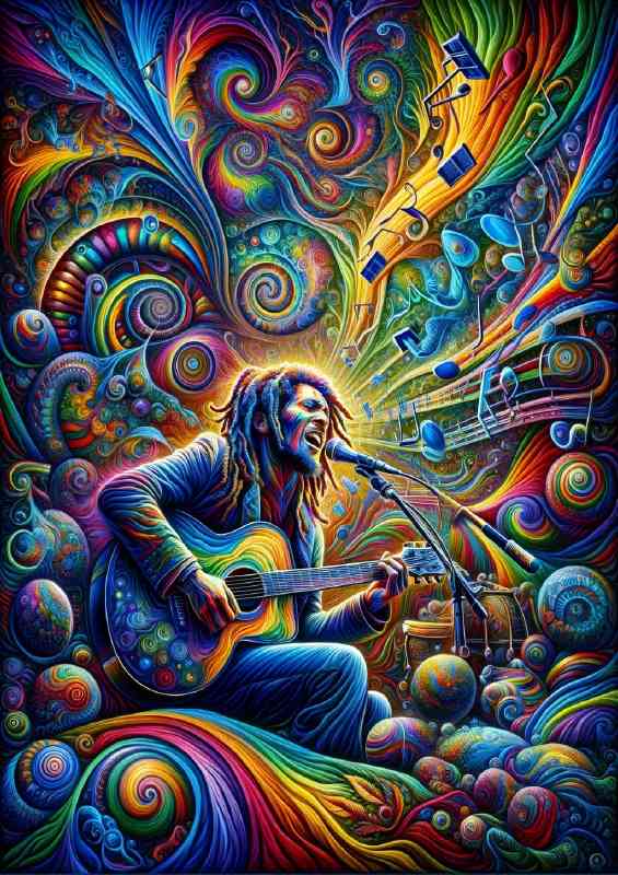 Psychedelic Art painting of a musician inspired by Bob Marley
